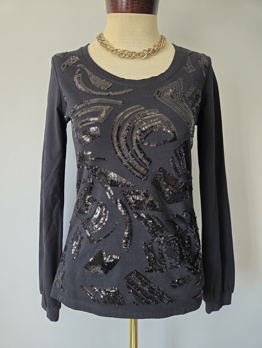 Luisa Cerano Black Sequin-Embellished Long Sleeve Top. Size Small
